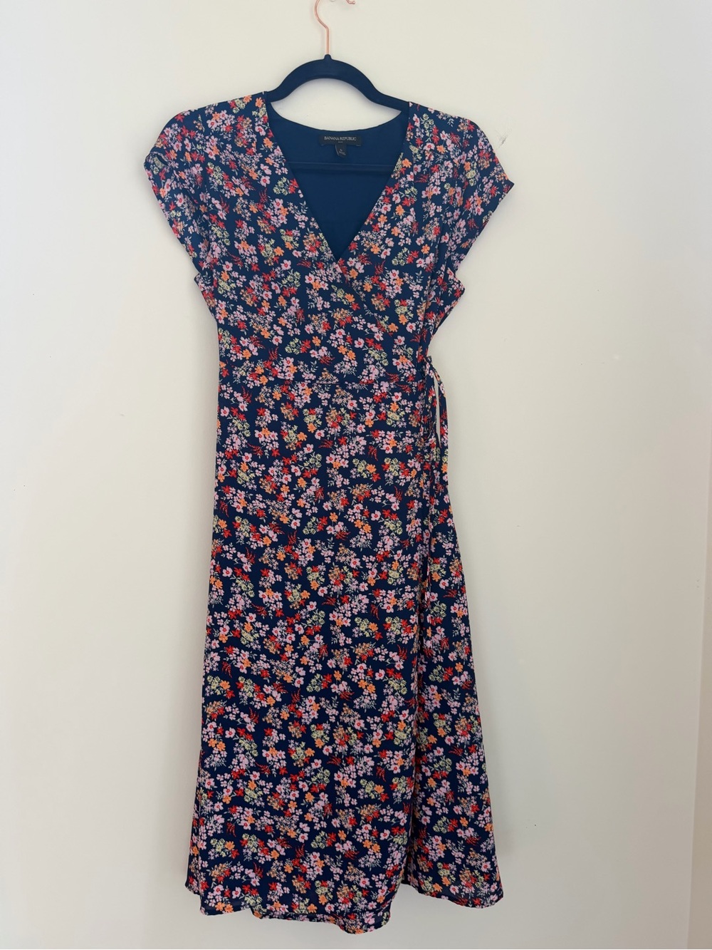 Banana Republic Navy Floral Wrap Dress with Pink & Red Accents
